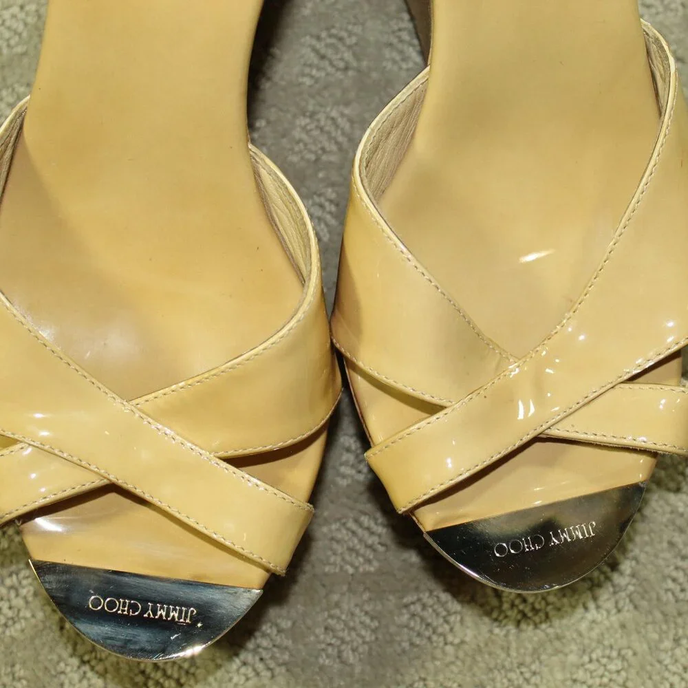 Jimmy Choo Women's 8.5 / 40 Platform Patent Leather Yellow Cork Wedge Heels